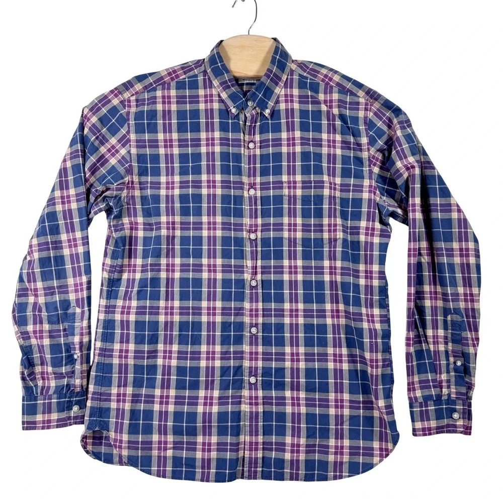 J Crew Mens Button Down Shirt Plaid Long Sleeve 2 Ply‎ Cotton Size L